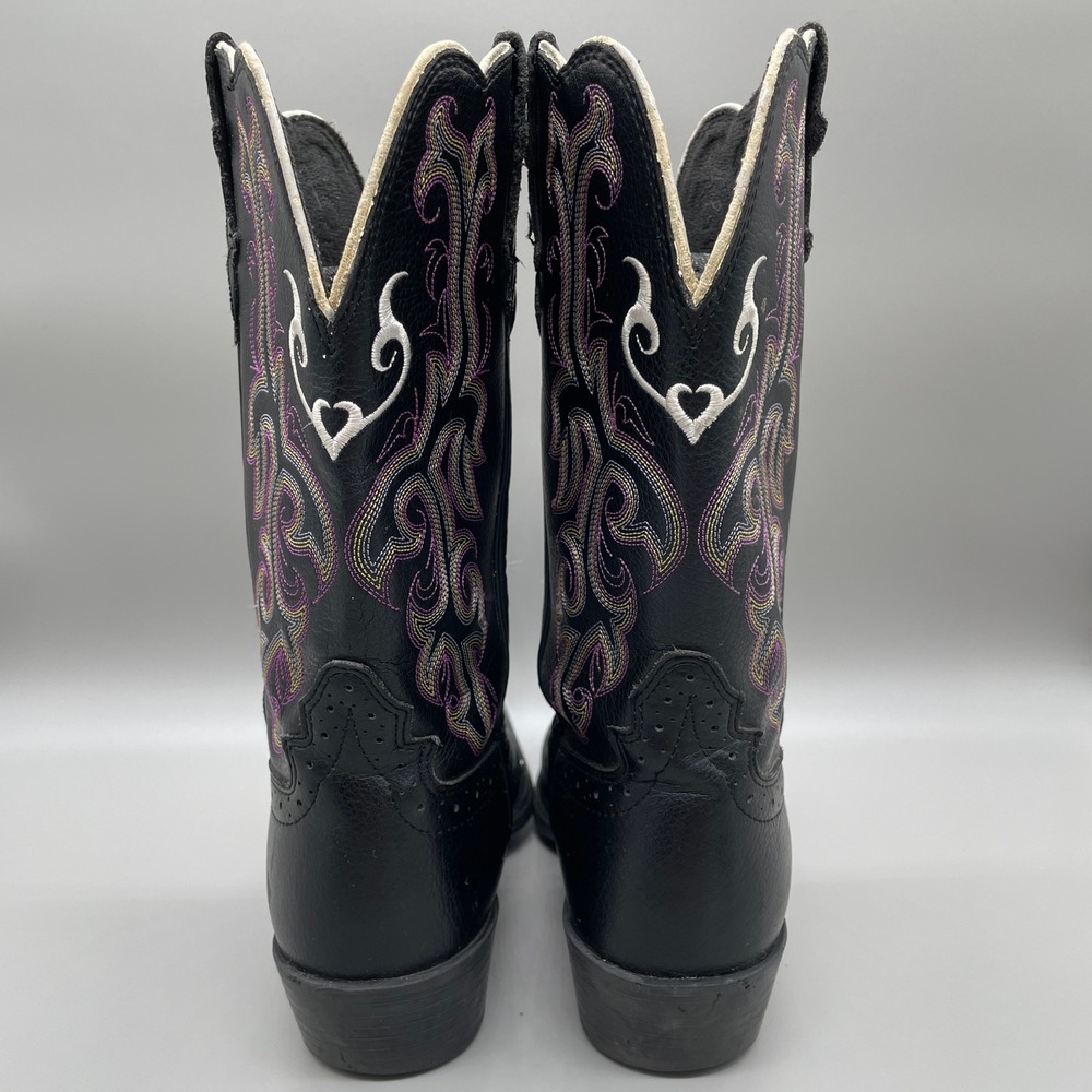 Justin Stampede Western Cowboy Boots Kids 3.5D Black Purple Heart Square Toe - Picture 4 of 9